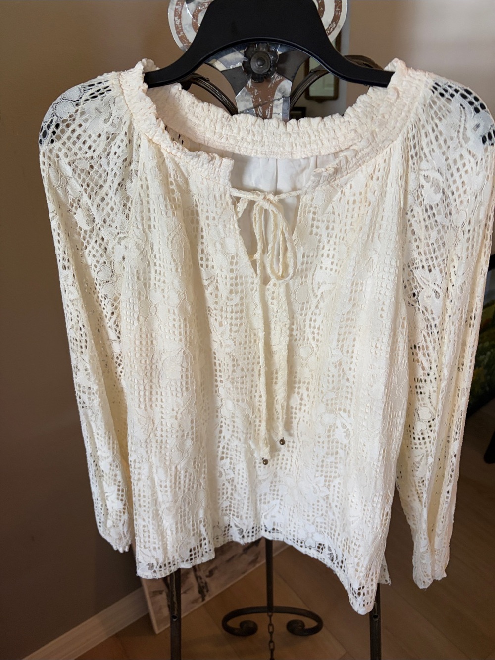 Women's Cream Lace Peasant Top - Lightweight Long Sleeve